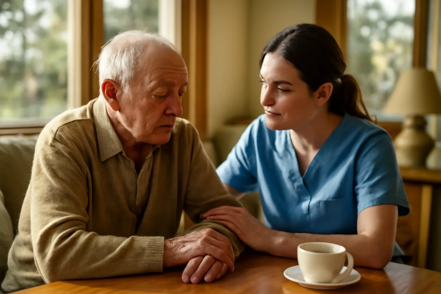 Caregiver and elderly man sitting together at a sunlit table in Colorado home