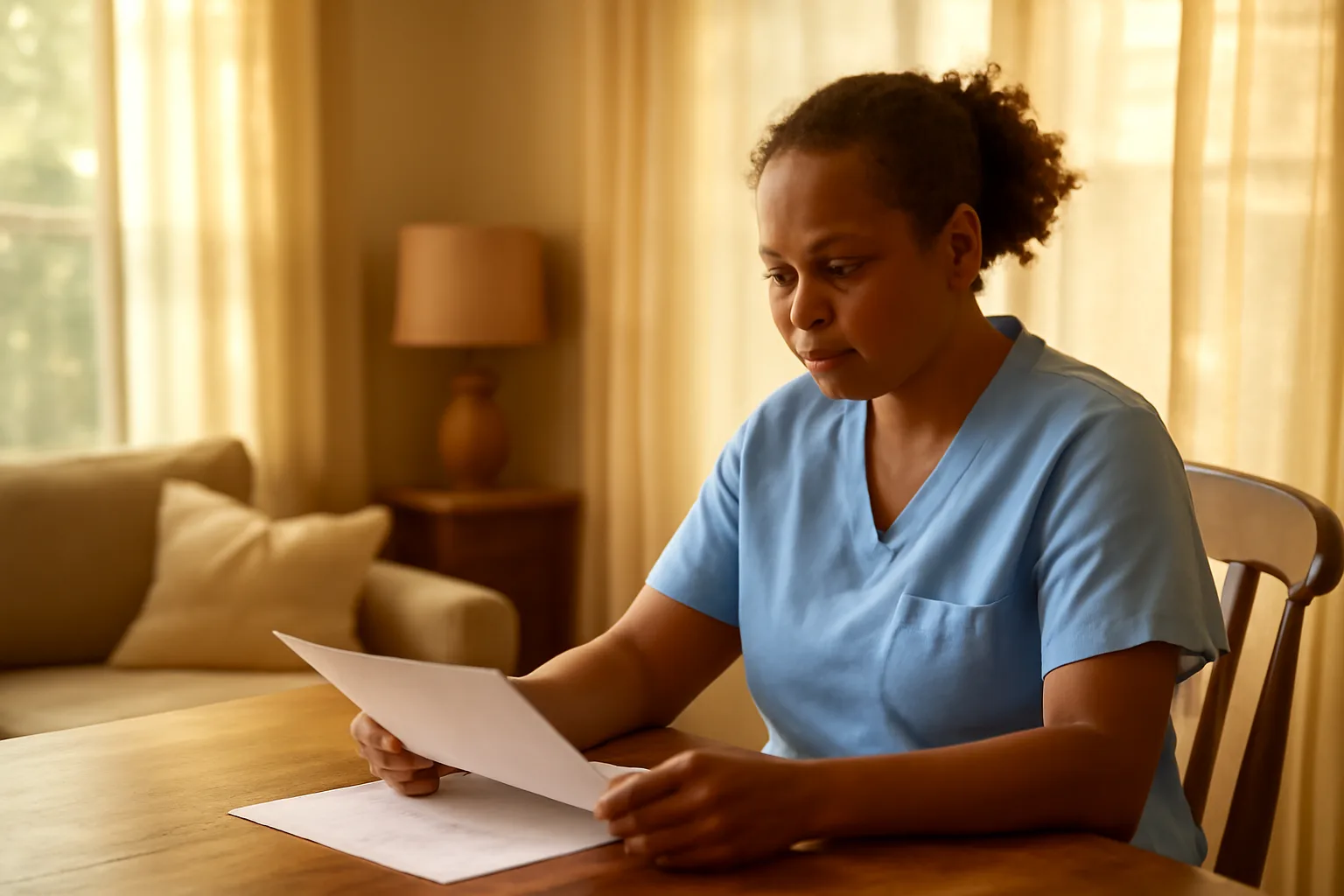 Care worker reviewing renewal paperwork at a sunlit Alabama home kitchen table