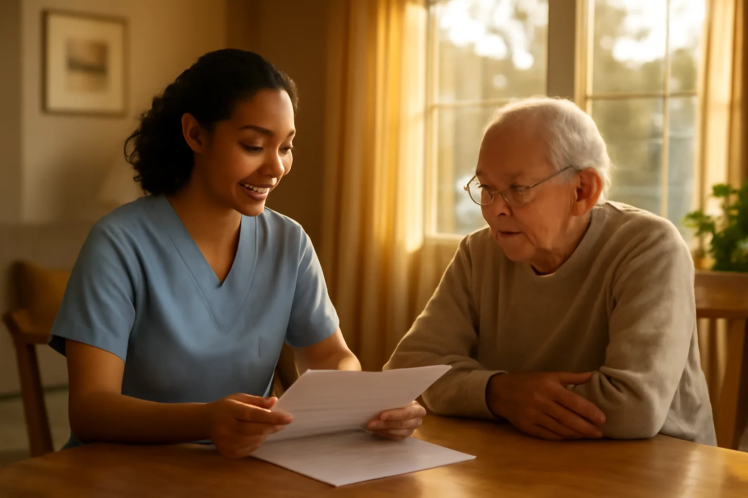 Care worker and older adult reviewing respite renewal documents in a sunlit California home