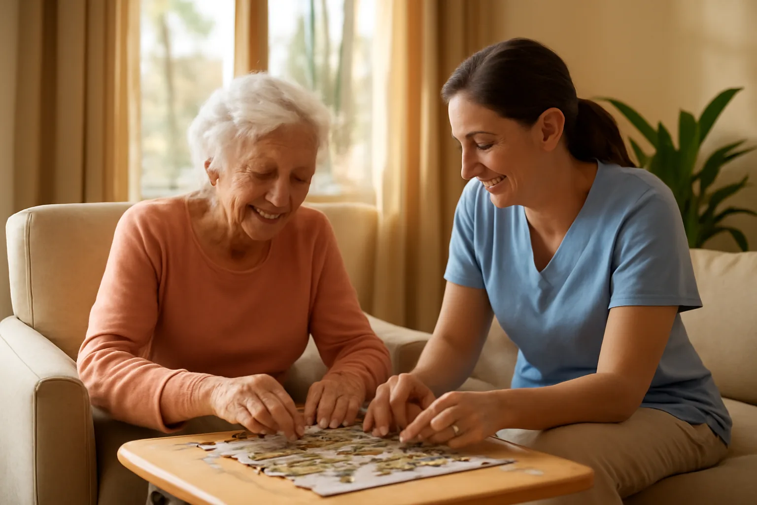 Caregiver assisting elderly woman with puzzle in Arizona home