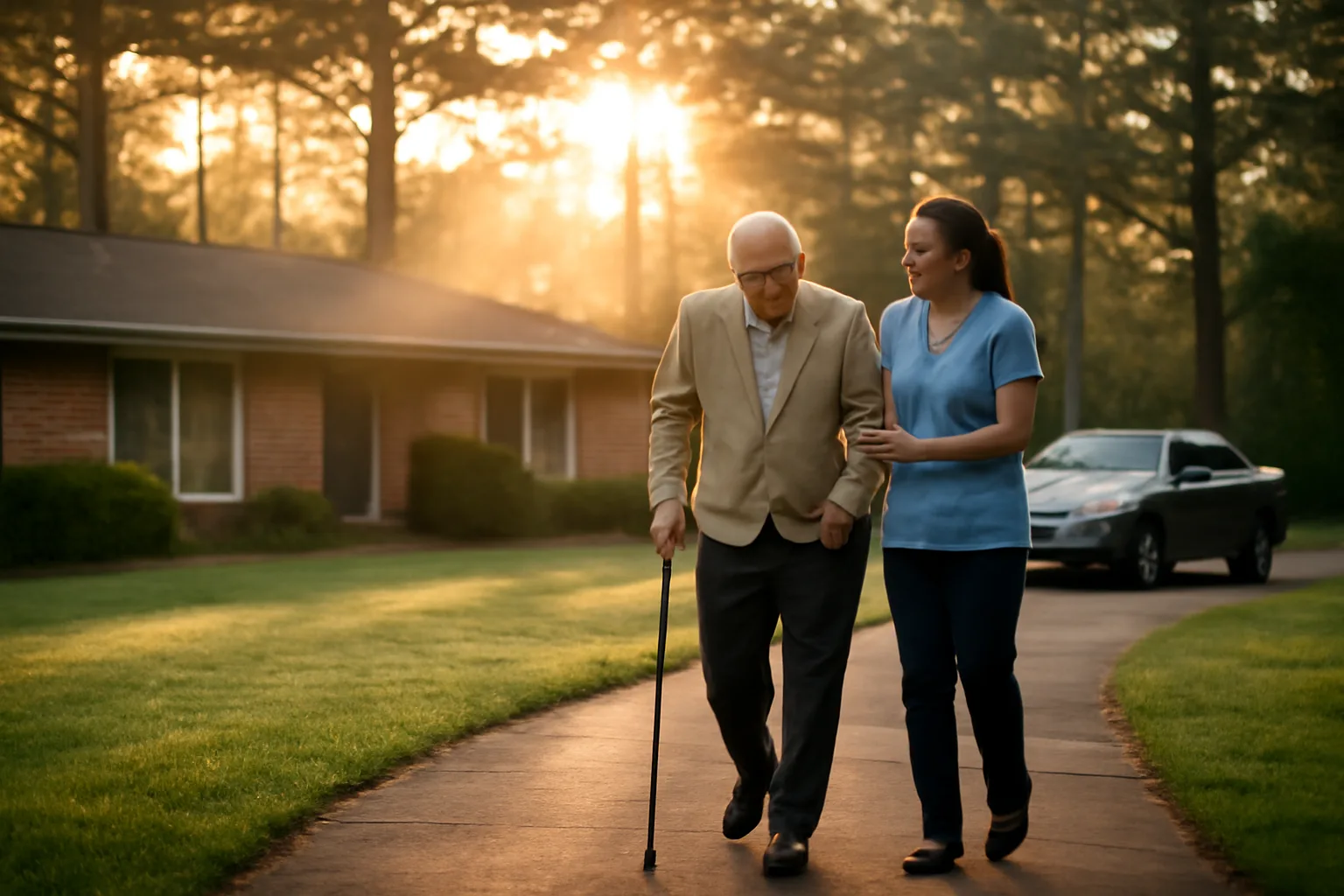Respite caregiver walking with an older adult near a North Little Rock home