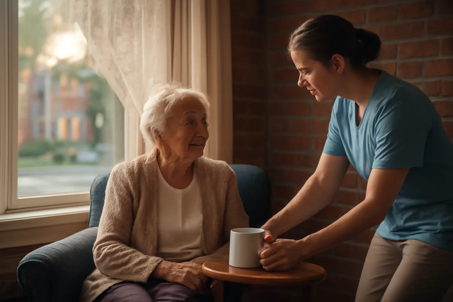 Caregiver providing in-home respite in a Wilmington living room