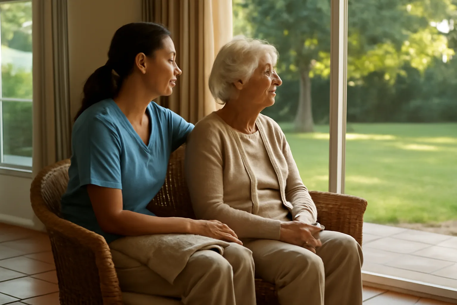 Caregiver offering in-home respite in a Florida living room