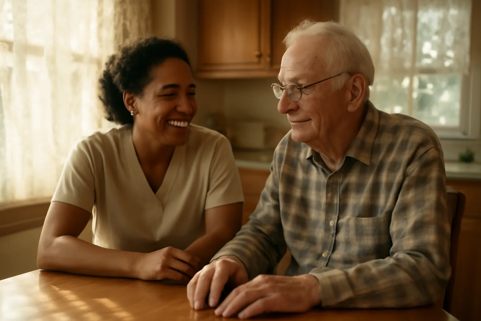 Home care worker sitting with elderly man at sunny kitchen table in Alabama