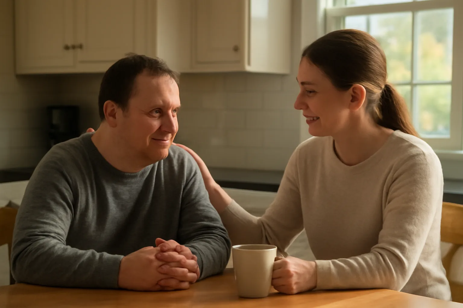 Caregiver and adult client at kitchen table, Connecticut home, natural morning light
