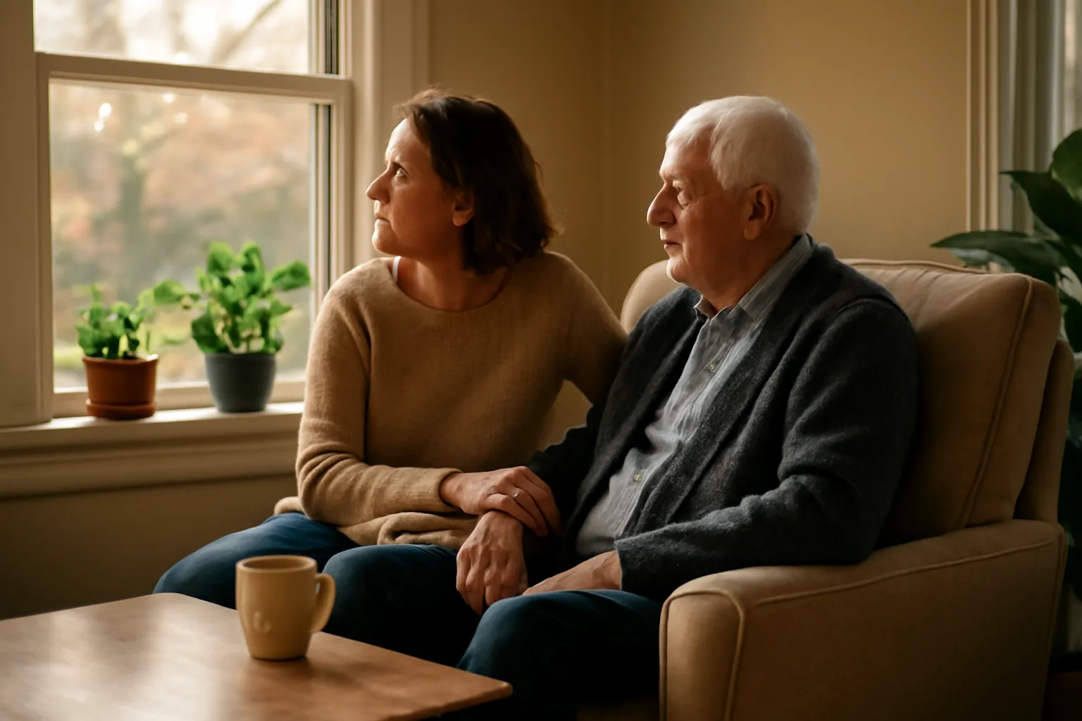 Respite caregiver sitting with an older adult in a Georgia living room