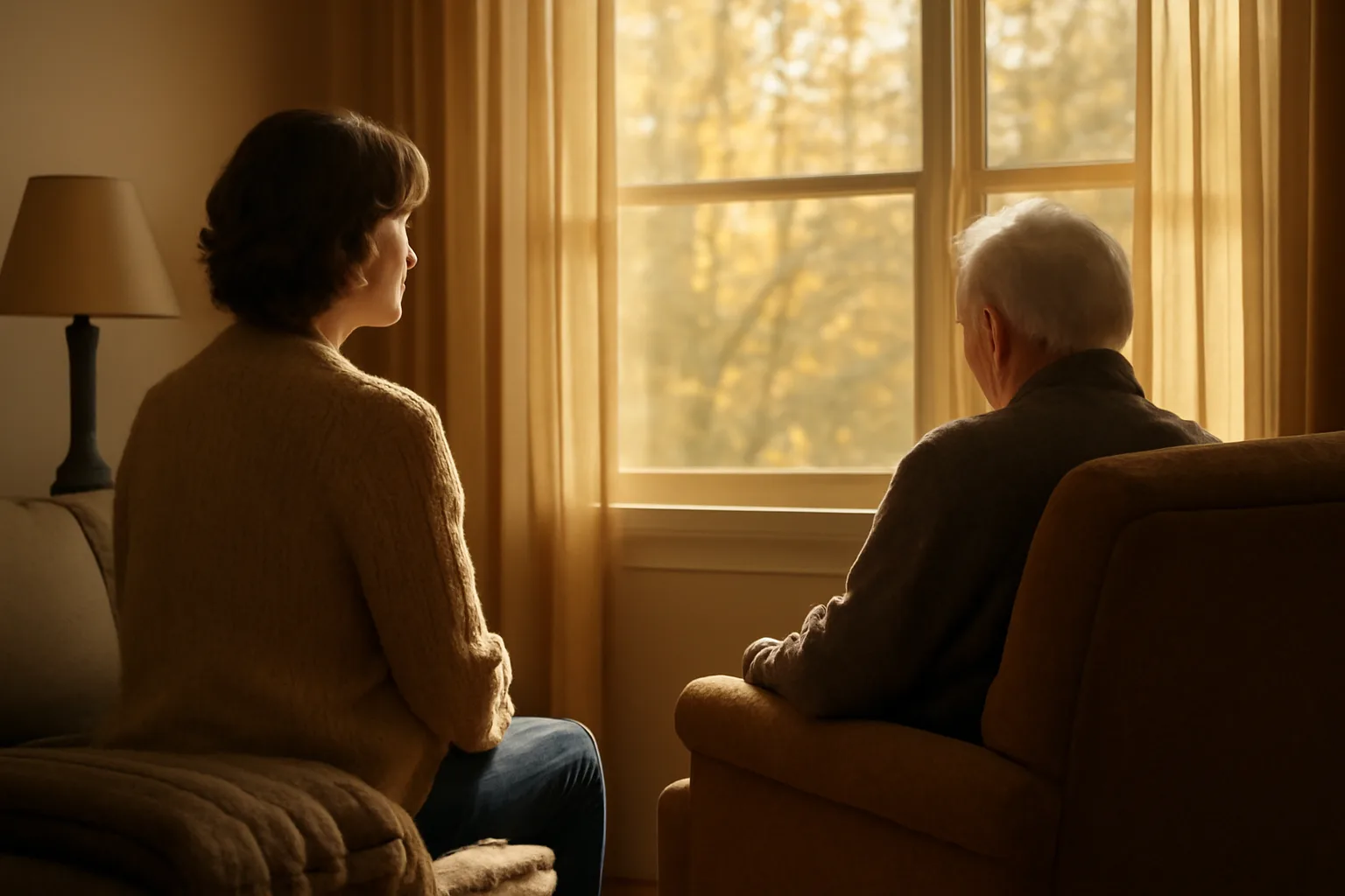Respite caregiver sitting with an older adult in a sunlit Boise living room
