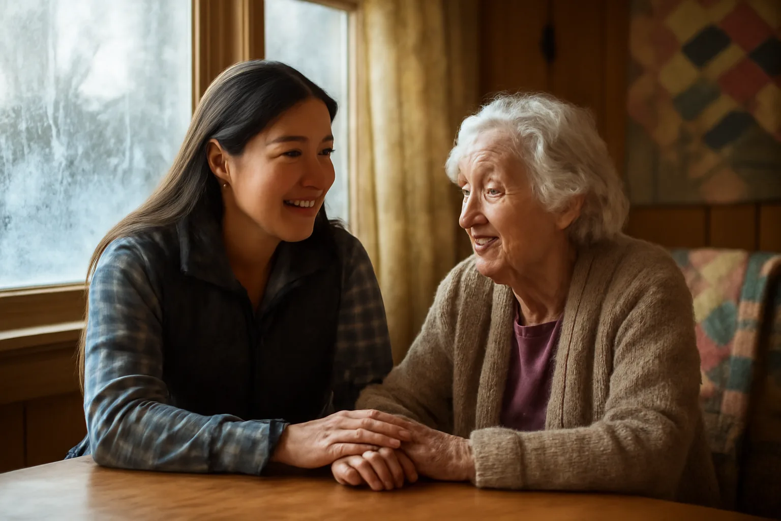 Caregiver and elderly woman seated at a table in a rural Alaska home