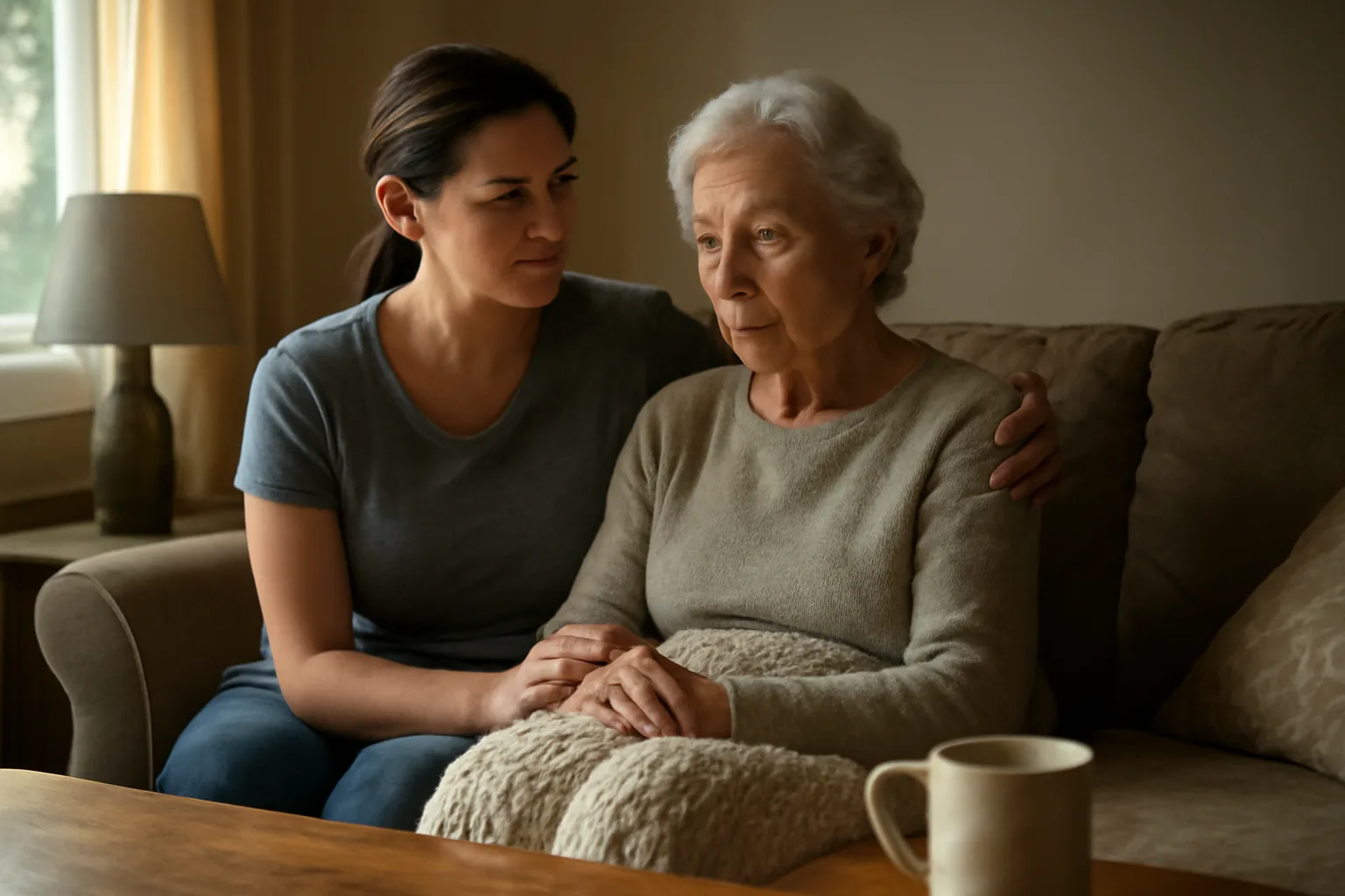 Respite caregiver sits with an older woman in a Little Rock living room