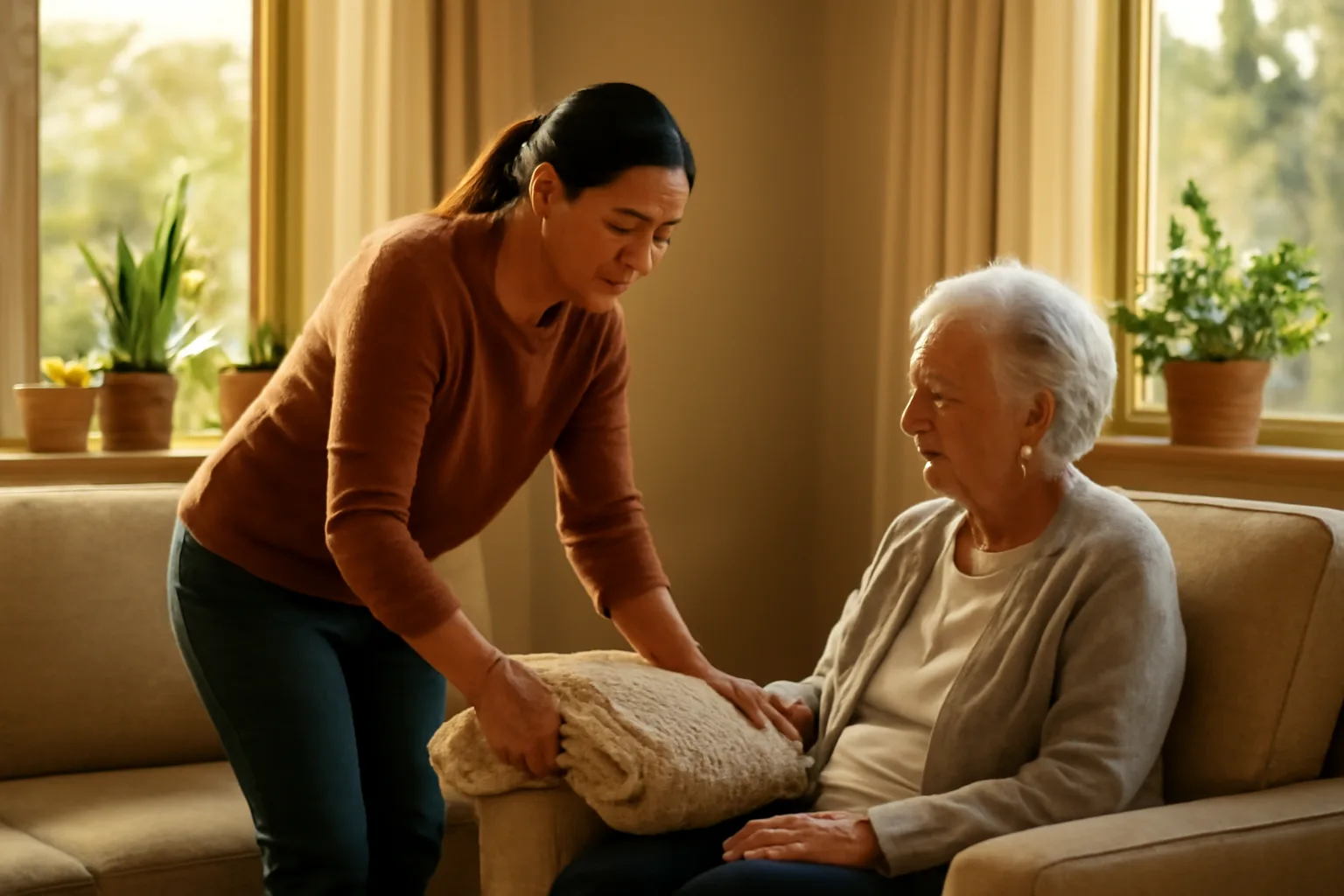 Caregiver and older adult in a sunlit California living room