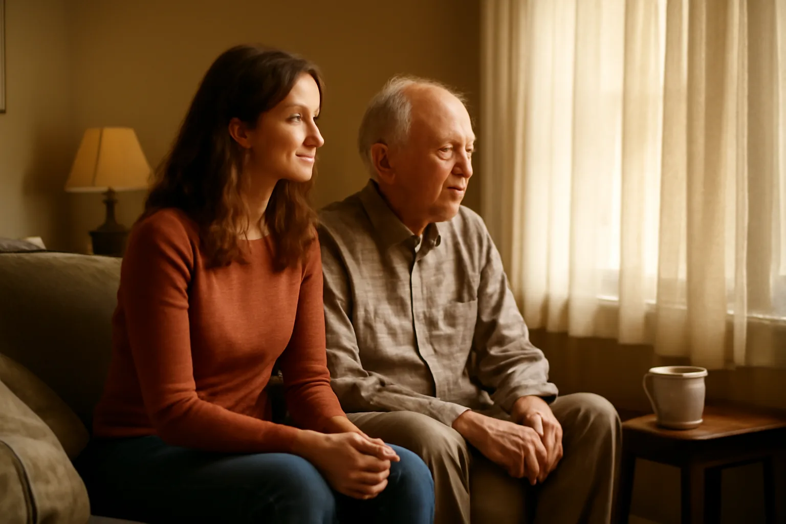 Daughter sitting with her father during Georgia respite care