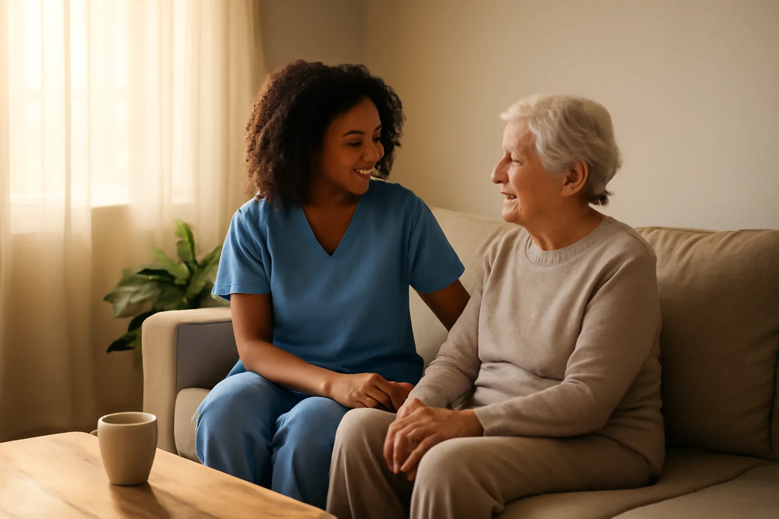 California respite caregiver sits with an older adult in a quiet apartment