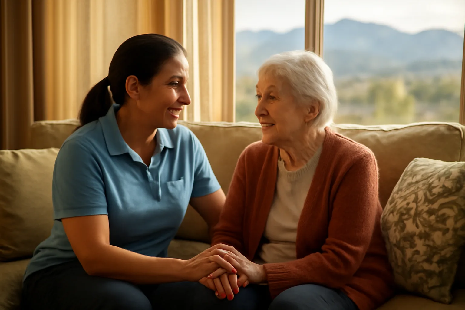Caregiver and elderly client seated together in a Colorado living room with mountain view