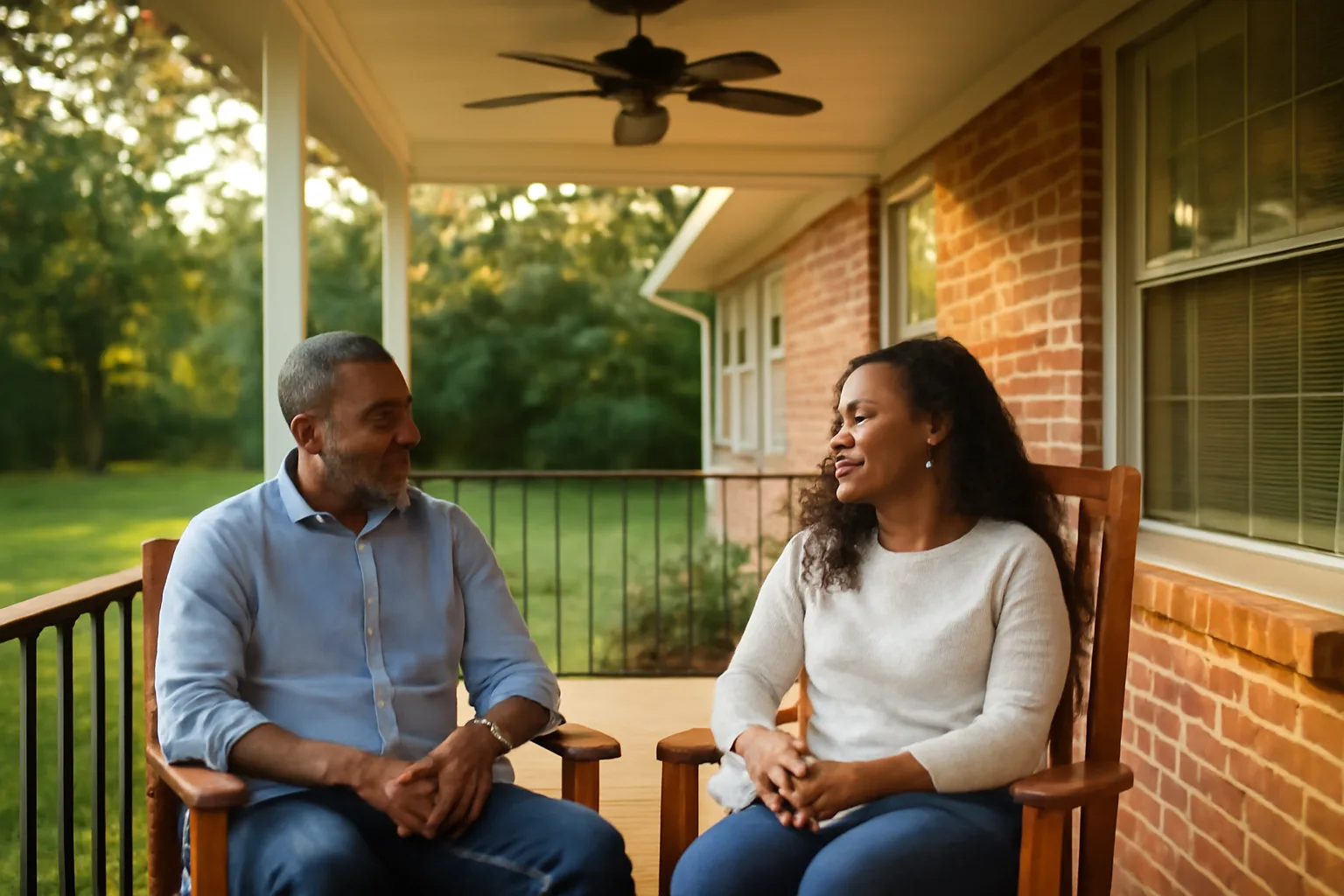 Caregiver and older adult rest on a porch during Arkansas respite