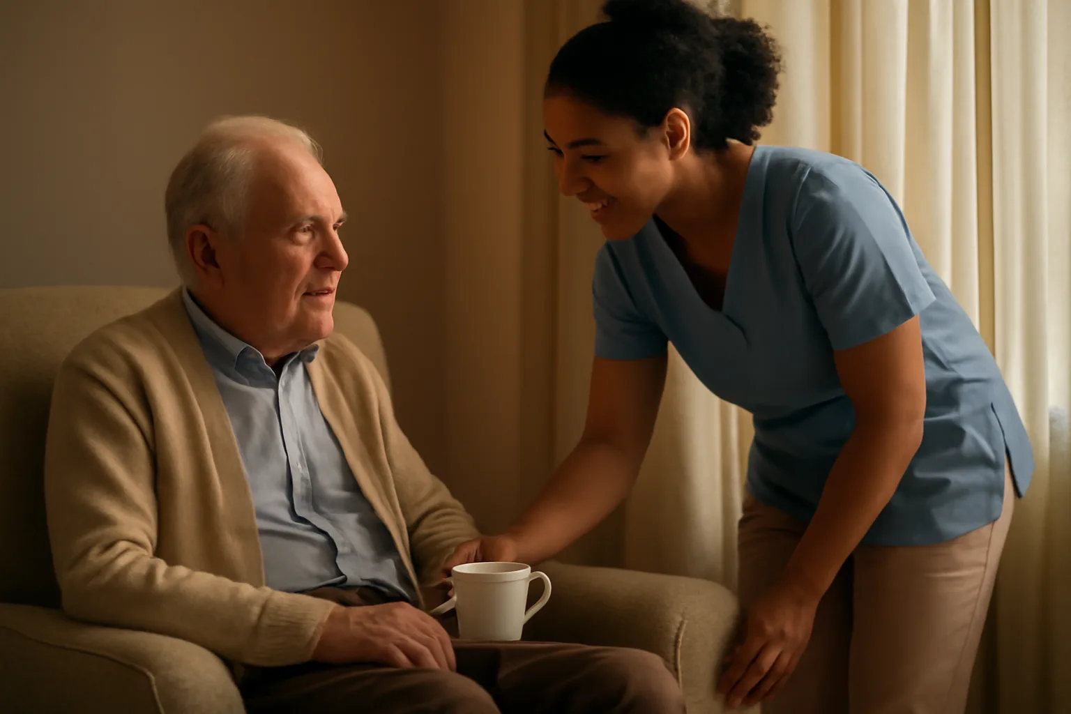 Caregiver offering in-home respite to an older adult in Delaware