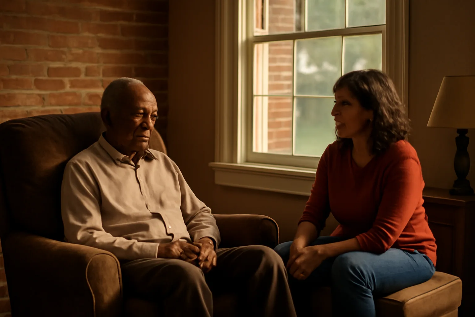 Caregiver offering respite support in a quiet Georgia living room